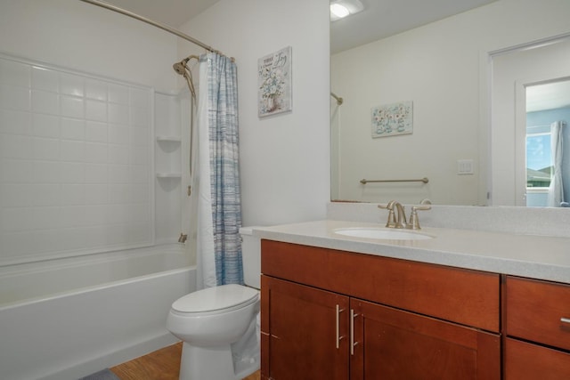 full bath featuring vanity, toilet, wood finished floors, and shower / bath combination with curtain