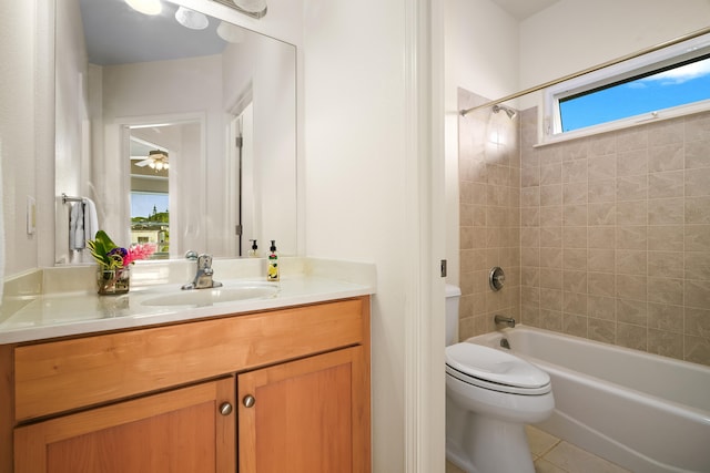 full bathroom featuring toilet, shower / bathtub combination, vanity, and tile patterned flooring