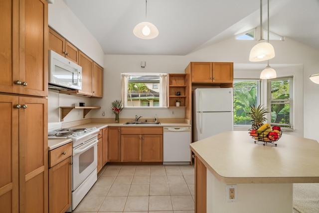 kitchen with white appliances, open shelves, a sink, vaulted ceiling, and light countertops