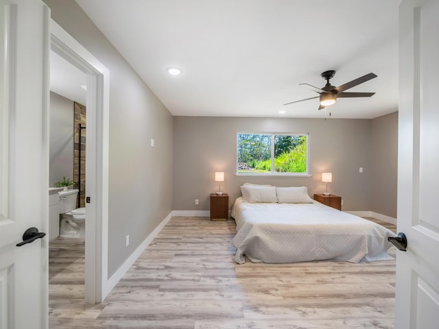 bedroom with light wood-style floors, baseboards, recessed lighting, connected bathroom, and ceiling fan