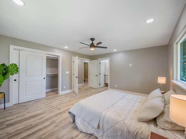 bedroom with light wood-style floors, baseboards, recessed lighting, a ceiling fan, and connected bathroom