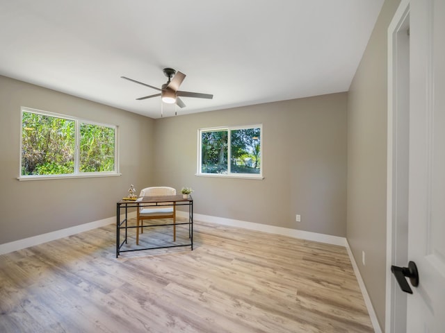 bedroom with multiple windows, light wood-style floors, and baseboards