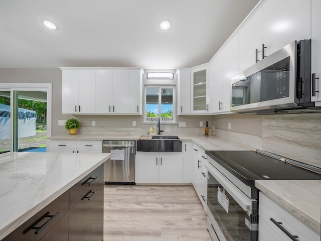 kitchen with stainless steel appliances, a sink, plenty of natural light, light wood finished floors, and recessed lighting