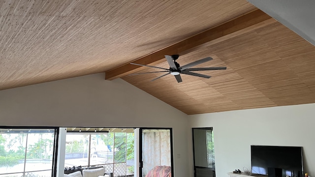 detailed view of ceiling fan and wood ceiling