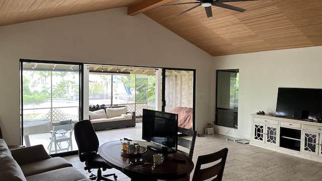 living room with ceiling fan, high vaulted ceiling, wood ceiling, and beamed ceiling
