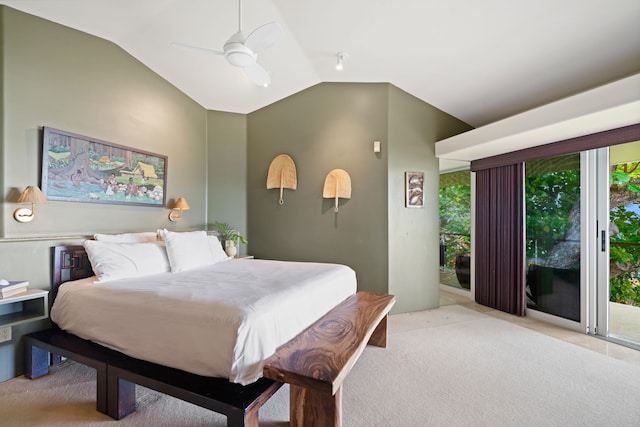 3704 Anini Rd, Kilauea, HI 96754 - carpeted bedroom featuring vaulted ceiling, multiple windows, a ceiling fan, and access to outside