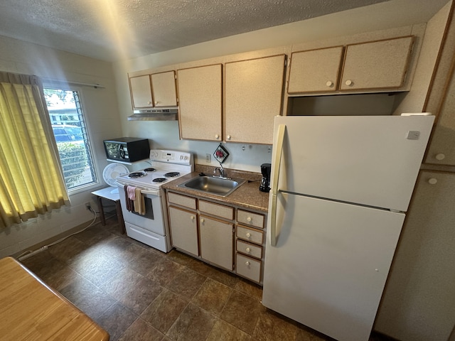 320 Iliahi St, Hilo, HI 96720 - kitchen with white appliances, under cabinet range hood, a sink, a textured ceiling, and cream cabinetry