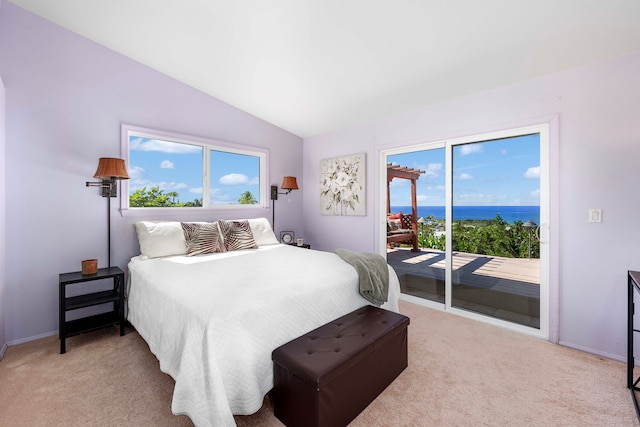 carpeted bedroom with access to outside, vaulted ceiling, a water view, and baseboards