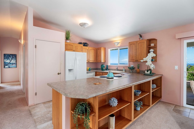 kitchen with open shelves, white appliances, light colored carpet, and healthy amount of natural light
