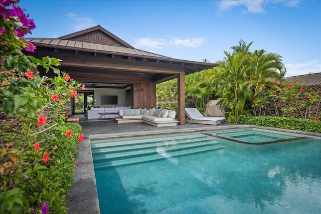 view of pool featuring an outdoor hangout area, a gazebo, and a jacuzzi