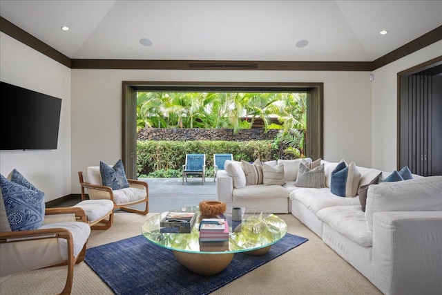 carpeted living room featuring visible vents, baseboards, lofted ceiling, and recessed lighting