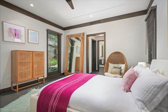 bedroom with a ceiling fan, visible vents, and recessed lighting
