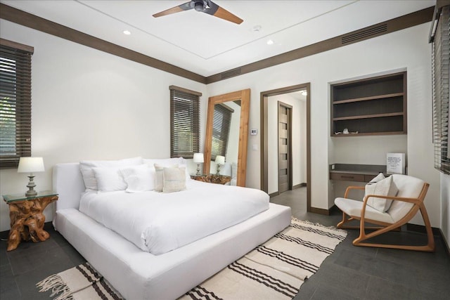bedroom with ceiling fan, baseboards, visible vents, and recessed lighting