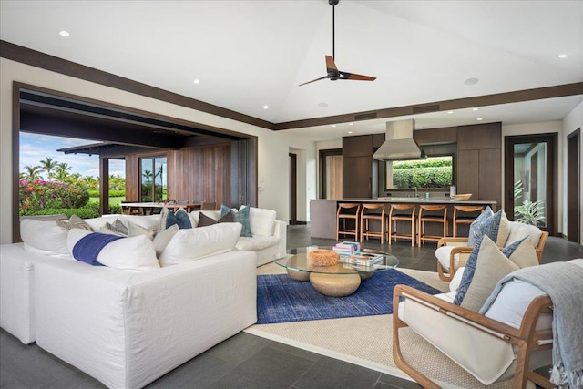 living area with vaulted ceiling, a ceiling fan, visible vents, and recessed lighting
