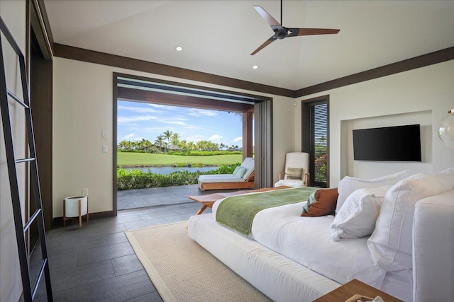 bedroom with baseboards, lofted ceiling, access to exterior, and recessed lighting