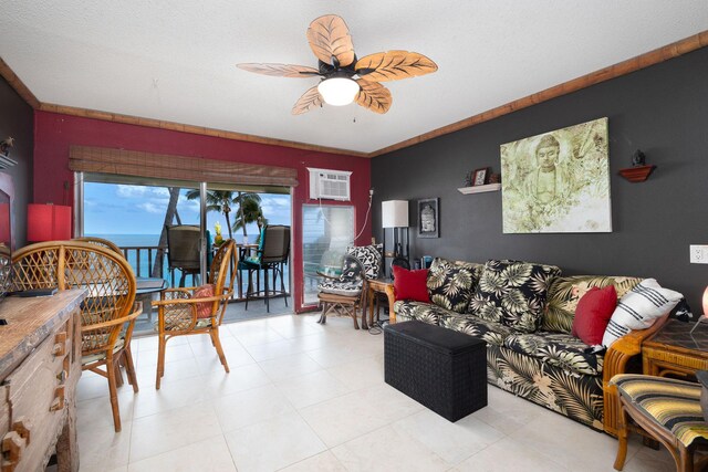 living area featuring a ceiling fan, healthy amount of natural light, and a wall mounted AC