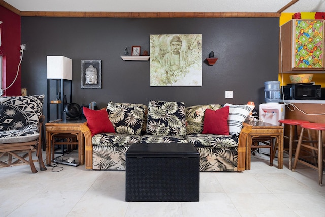 living area with tile patterned flooring