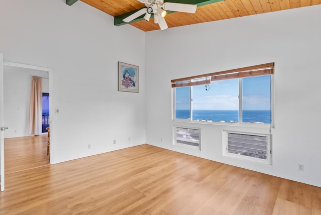 empty room with ceiling fan, wood ceiling, light wood-type flooring, and a water view