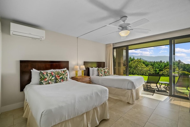 5380 Honoiki Rd Unit F16, Princeville, HI 96722 - bedroom with an AC wall unit, access to outside, light tile patterned floors, and ceiling fan