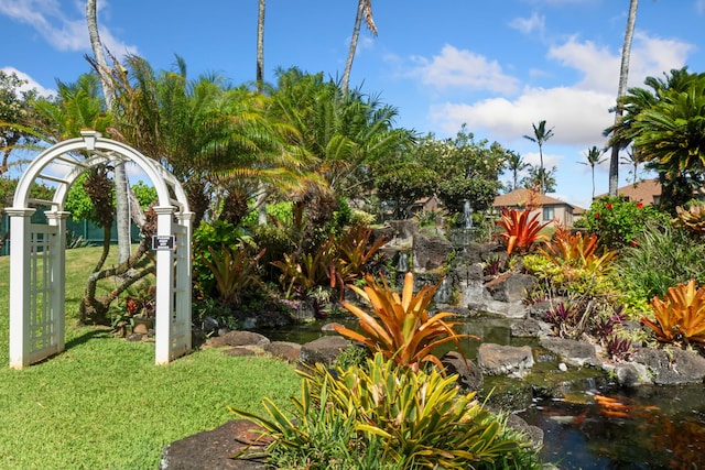 view of green lawn with a garden pond