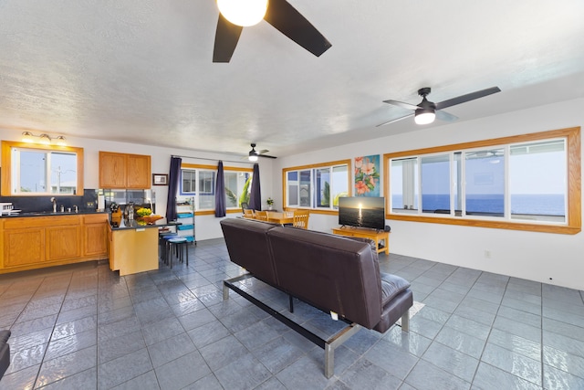 living area featuring a ceiling fan