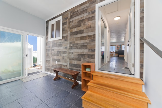 hall with tile walls