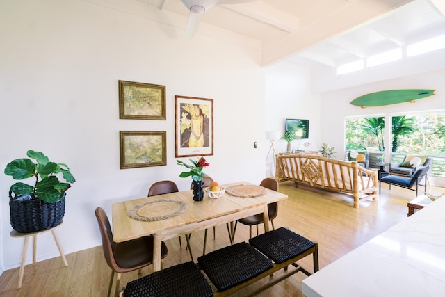 3880 Wyllie Rd Unit 5A, Princeville, HI 96722 - dining space featuring beam ceiling, light wood finished floors, and a ceiling fan