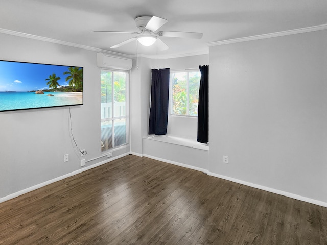 empty room with crown molding, wood finished floors, a wall unit AC, ceiling fan, and baseboards
