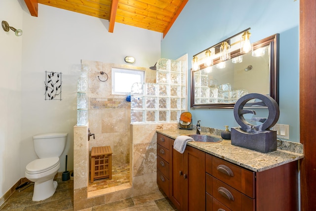 bathroom with wood ceiling, walk in shower, toilet, and vanity