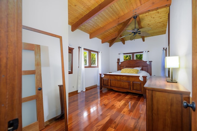bedroom featuring dark wood-type flooring, wood ceiling, and baseboards