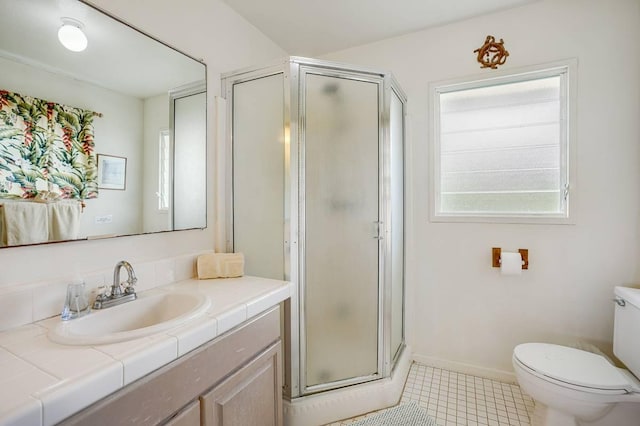 963 Niulani Rd, Kapaa, HI 96746 - full bath featuring toilet, a shower stall, vanity, tile patterned flooring, and baseboards