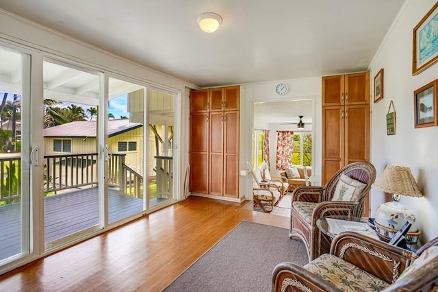 963 Niulani Rd, Kapaa, HI 96746 - living area featuring light wood finished floors, crown molding, and ceiling fan