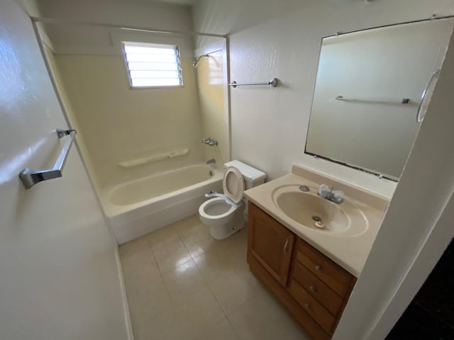 full bath with tile patterned floors, bathtub / shower combination, vanity, and toilet