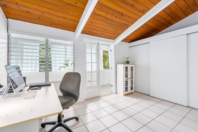 tiled office space with wooden ceiling