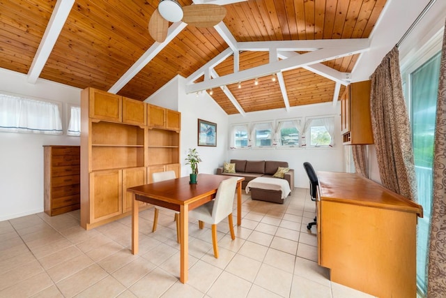 dining room with wood ceiling, beamed ceiling, light tile patterned floors, an office area, and baseboards