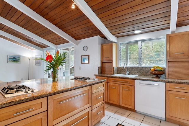 kitchen featuring a sink, white appliances, wood ceiling, light tile patterned flooring, and stone counters