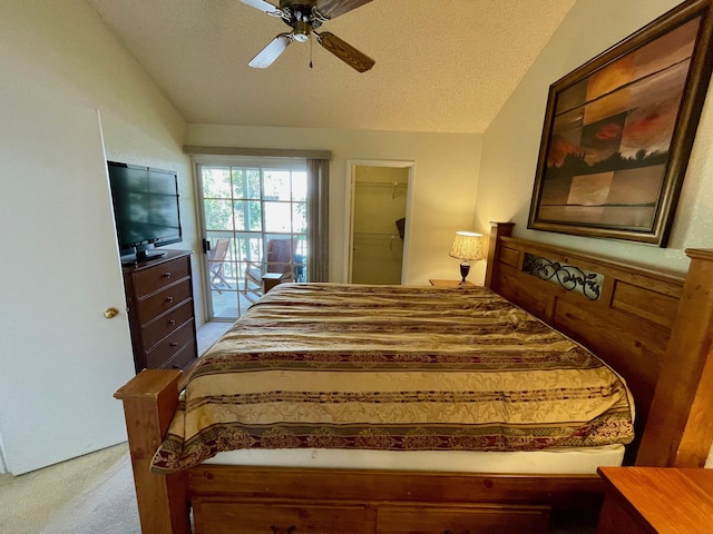 68-3883 Lua Kula St Unit 2005, Waikoloa, HI 96738 - bedroom featuring light colored carpet, lofted ceiling, ceiling fan, access to exterior, and a textured ceiling