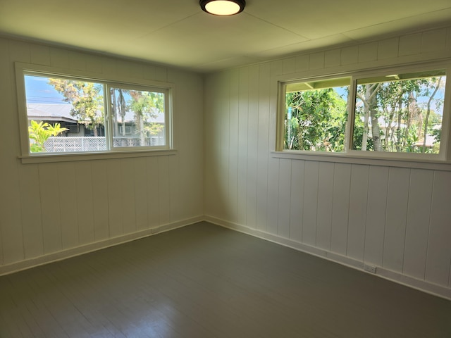 empty room with wood finished floors, plenty of natural light, and baseboards
