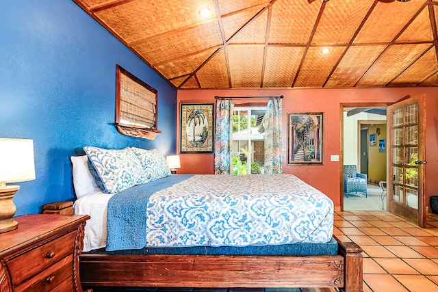 tiled bedroom featuring wooden ceiling