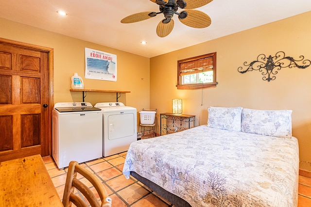 bedroom with washer and dryer, light tile patterned floors, recessed lighting, and ceiling fan