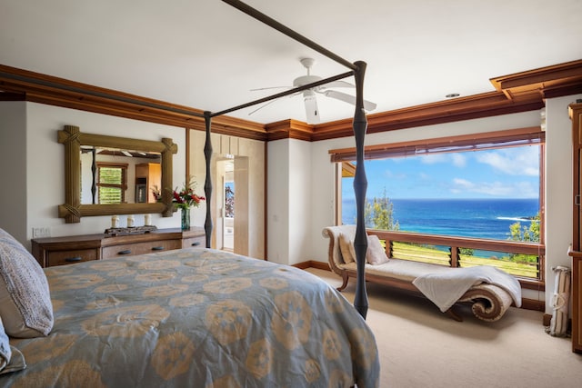 2620-A Kauapea Rd, Kilauea, HI 96754 - bedroom featuring a water view, carpet, crown molding, baseboards, and multiple windows