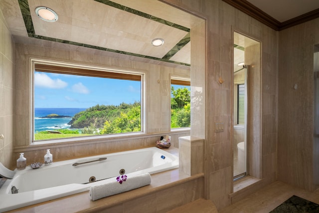 2620-A Kauapea Rd, Kilauea, HI 96754 - bathroom featuring plenty of natural light, ornamental molding, a whirlpool tub, a shower stall, and a water view