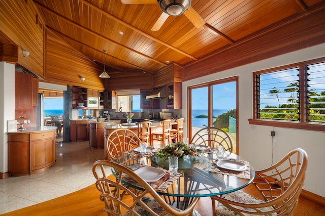 2620-A Kauapea Rd, Kilauea, HI 96754 - dining room featuring wood ceiling, healthy amount of natural light, ceiling fan, vaulted ceiling, and baseboards