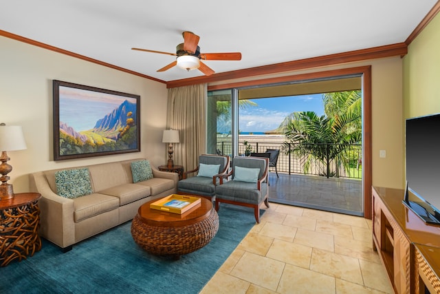 living area featuring ornamental molding and a ceiling fan