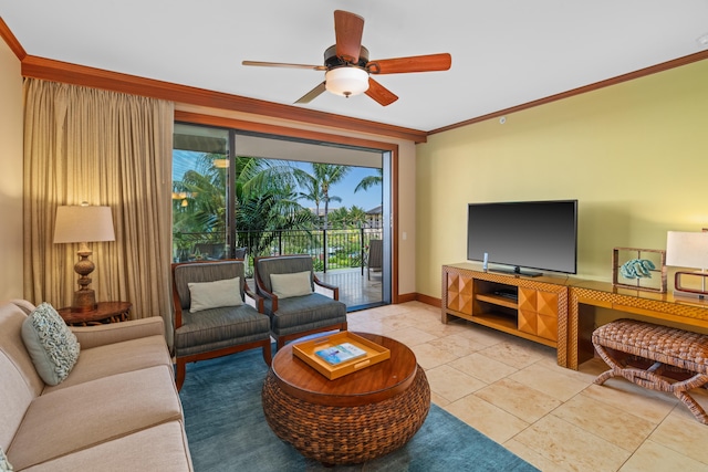 living room with crown molding, ceiling fan, and light tile patterned floors