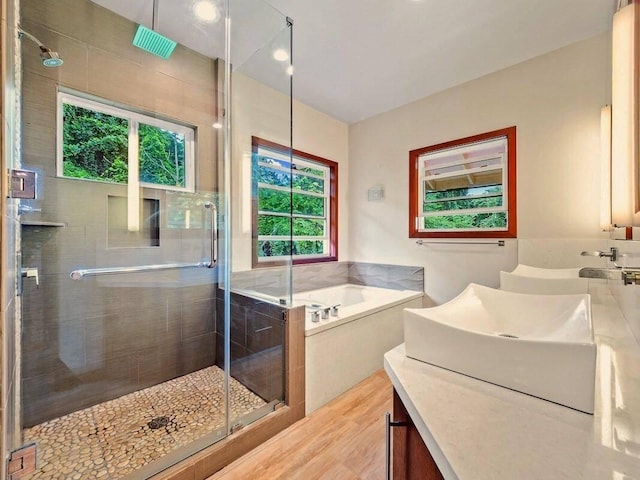 full bathroom featuring wood finished floors, plenty of natural light, a stall shower, and vanity