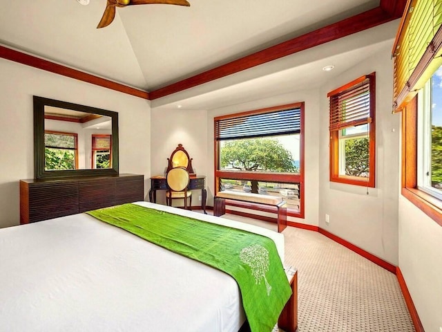carpeted bedroom featuring lofted ceiling, baseboards, a ceiling fan, and recessed lighting