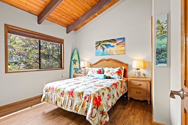 bedroom with wood finished floors and wood ceiling