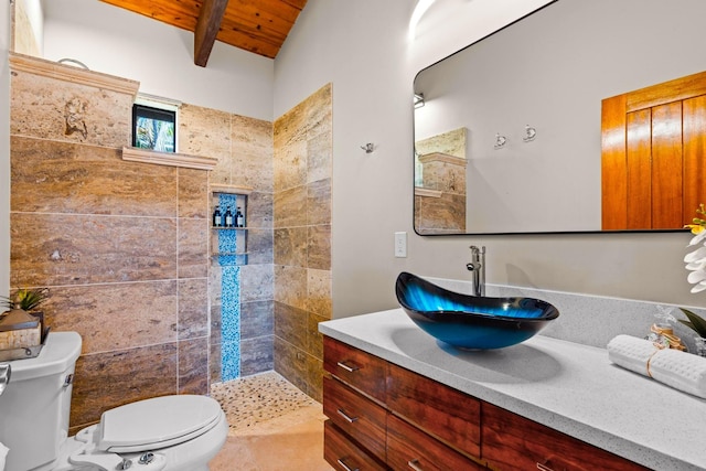 full bathroom featuring toilet, walk in shower, vanity, and wooden ceiling