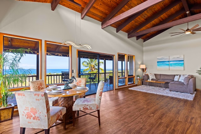 dining room with high vaulted ceiling, wood ceiling, wood finished floors, beamed ceiling, and ceiling fan